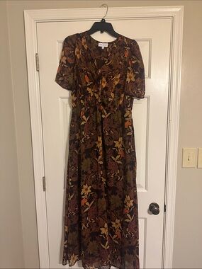 Lost + Wander Brown Floral Maxi Dress with Tie Front